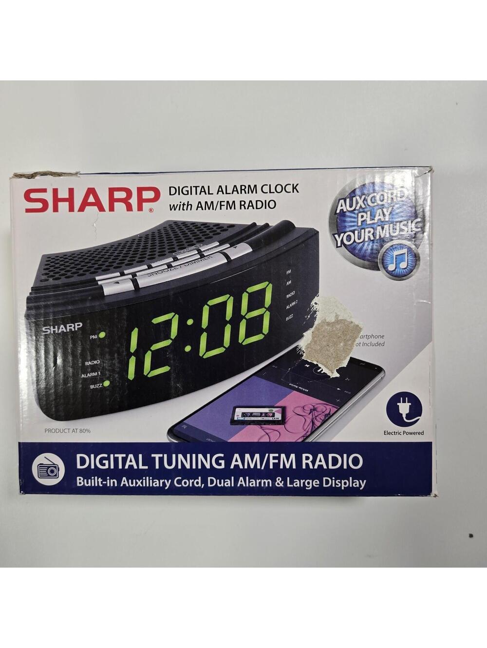 Sharp SPC618AGAMZ Digital Alarm Clock AM/FM Radio Dual Alarm Aux-In Green LED